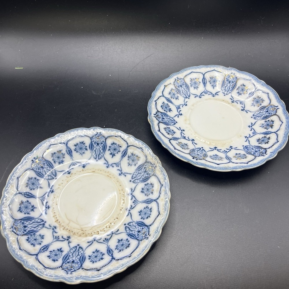 Antique Johnson Brothers Eclipse Flow Blue Saucers Pair Gold Gilt 6" 1890s